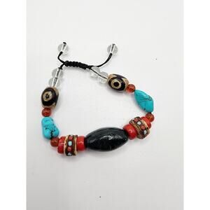 Tibetan Bodhi Dzi Bead Coral Turquoise Crystal Agate Inlaid Yak Bone Bracelet